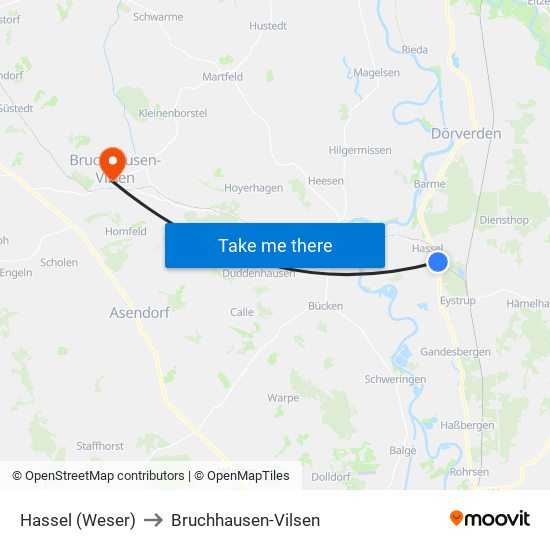 Hassel (Weser) to Bruchhausen-Vilsen map