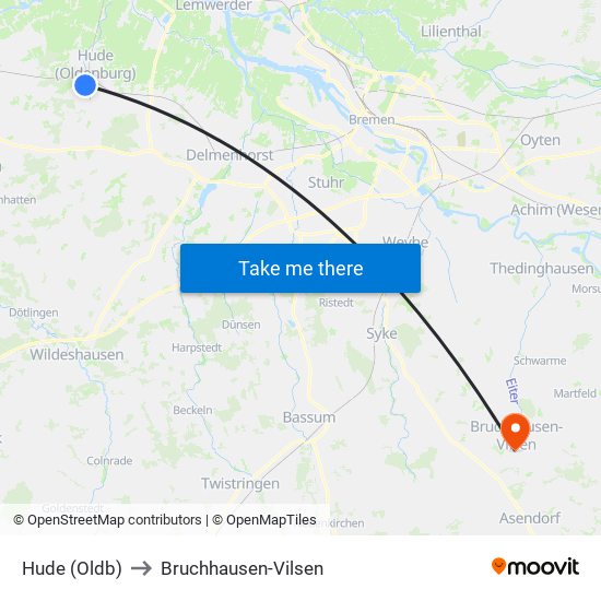 Hude (Oldb) to Bruchhausen-Vilsen map