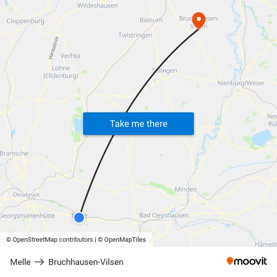 Melle to Bruchhausen-Vilsen map