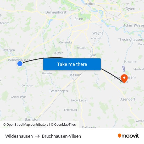 Wildeshausen to Bruchhausen-Vilsen map