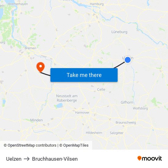 Uelzen to Bruchhausen-Vilsen map