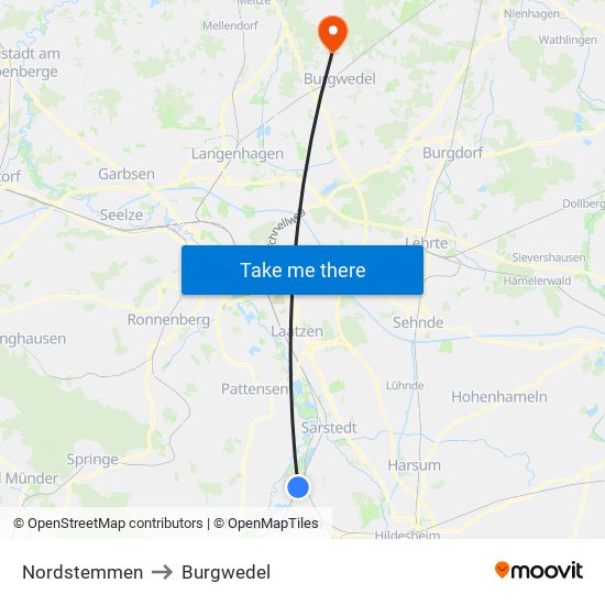 Nordstemmen to Burgwedel map