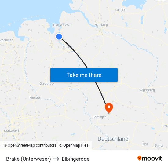 Brake (Unterweser) to Elbingerode map