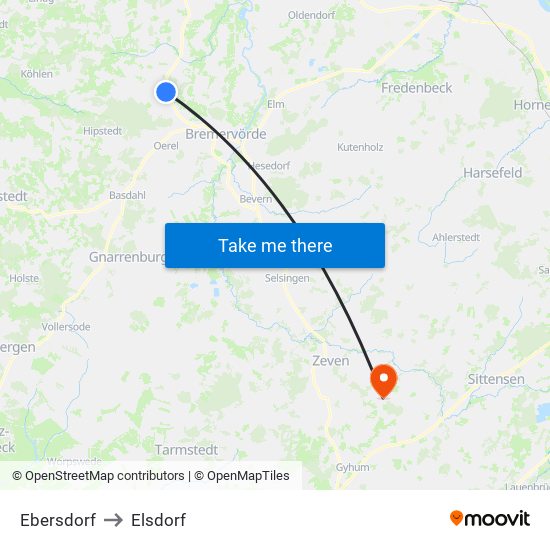 Ebersdorf to Elsdorf map