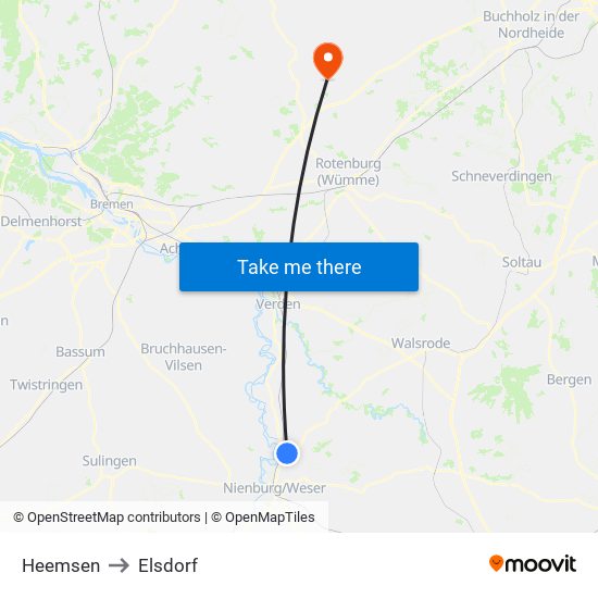 Heemsen to Elsdorf map