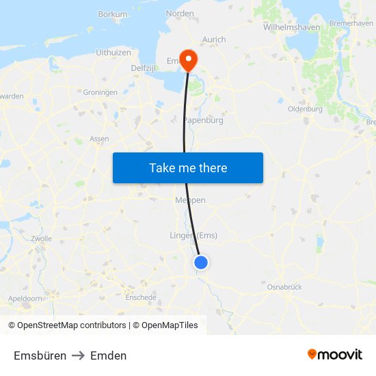 Emsbüren to Emden map
