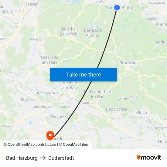 Bad Harzburg to Duderstadt map
