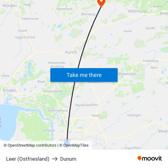 Leer (Ostfriesland) to Dunum map