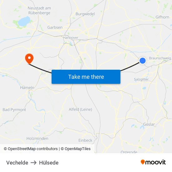 Vechelde to Hülsede map