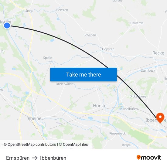 Emsbüren to Ibbenbüren map
