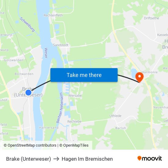 Brake (Unterweser) to Hagen Im Bremischen map