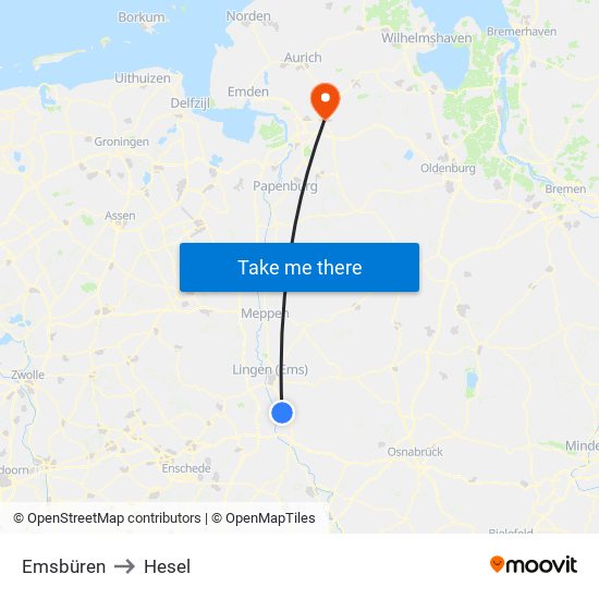 Emsbüren to Hesel map