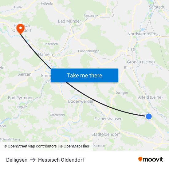 Delligsen to Hessisch Oldendorf map