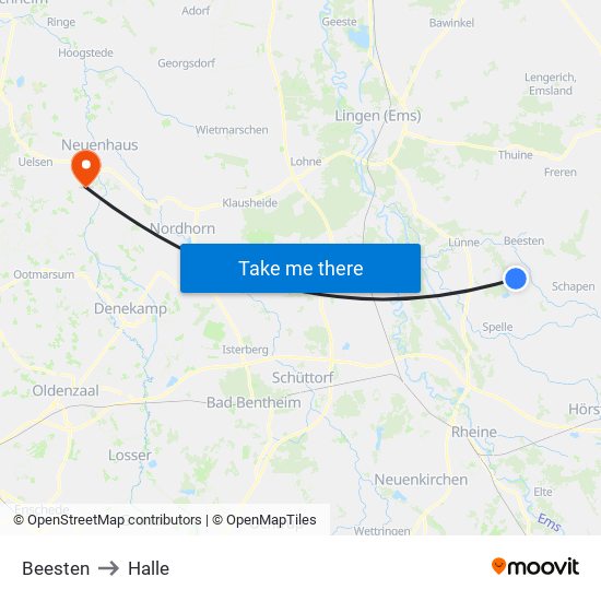 Beesten to Halle map