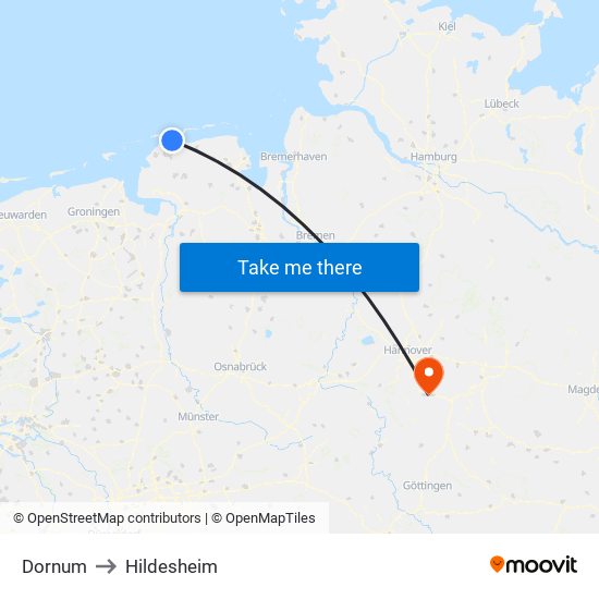 Dornum to Hildesheim map