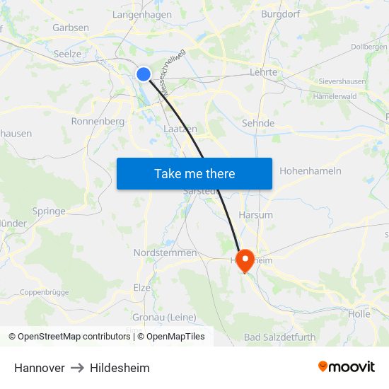 Hannover to Hildesheim map