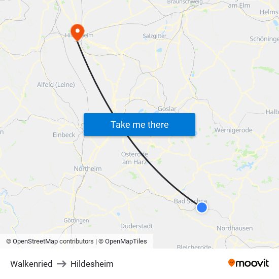 Walkenried to Hildesheim map