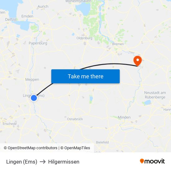 Lingen (Ems) to Hilgermissen map