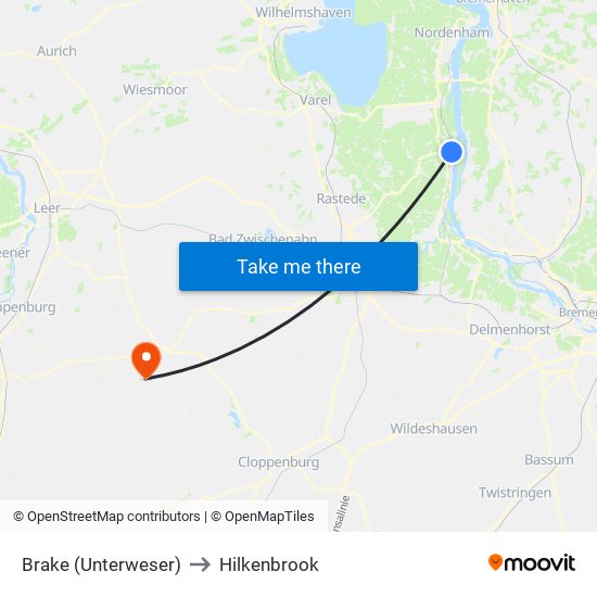 Brake (Unterweser) to Hilkenbrook map