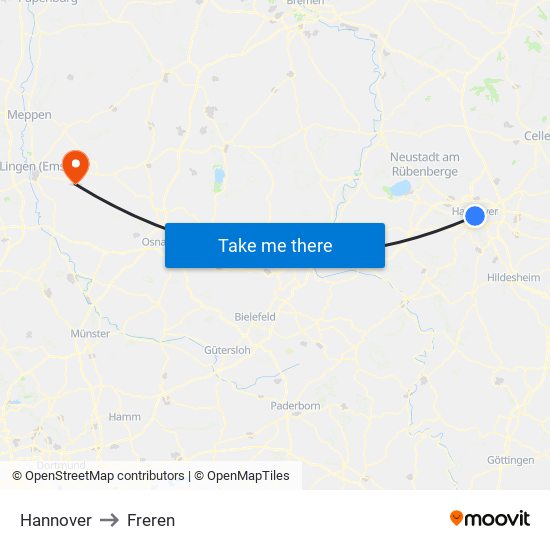 Hannover to Freren map