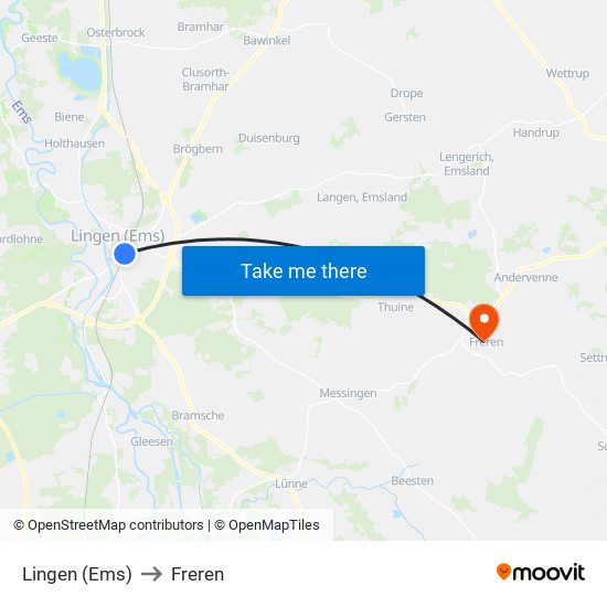 Lingen (Ems) to Freren map