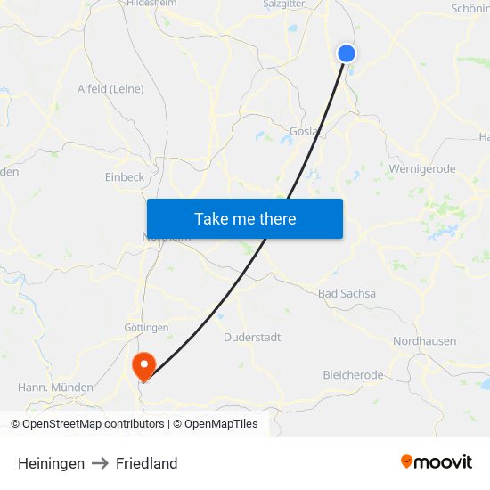 Heiningen to Friedland map