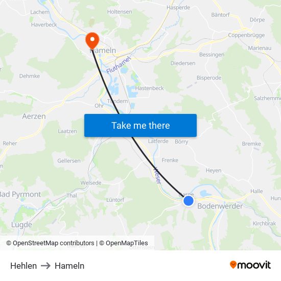 Hehlen to Hameln map