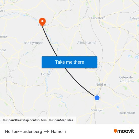 Nörten-Hardenberg to Hameln map