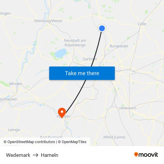Wedemark to Hameln map