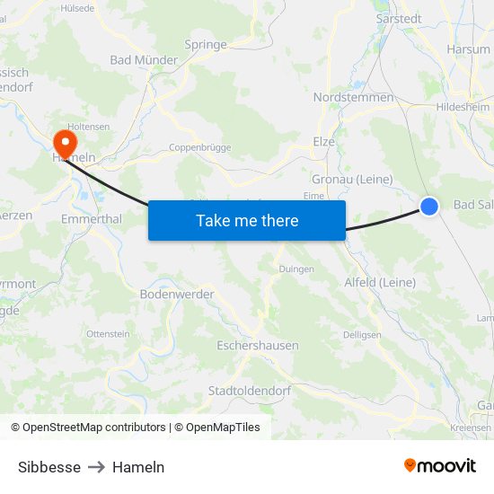 Sibbesse to Hameln map