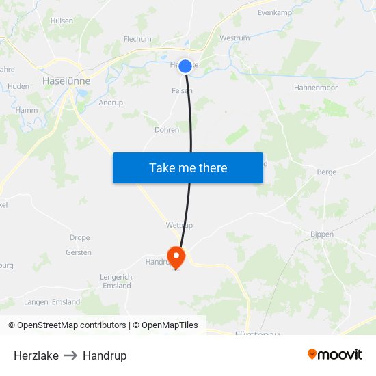 Herzlake to Handrup map