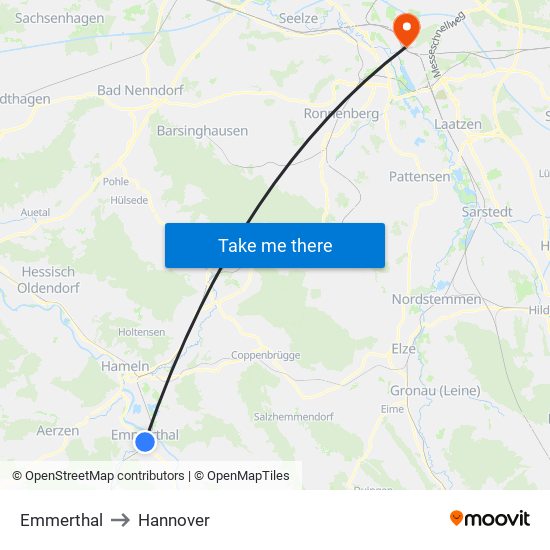 Emmerthal to Hannover map