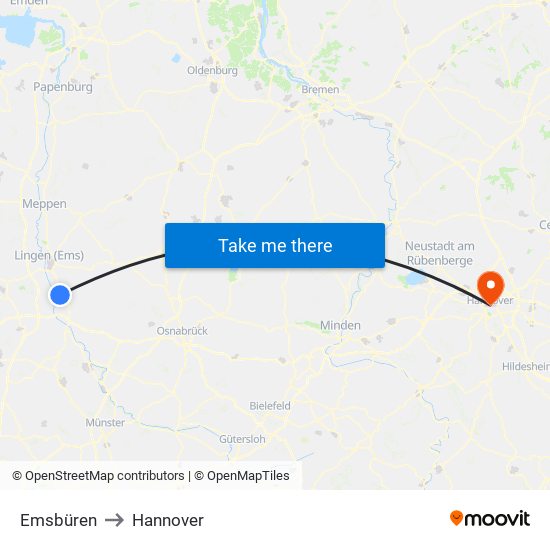 Emsbüren to Hannover map