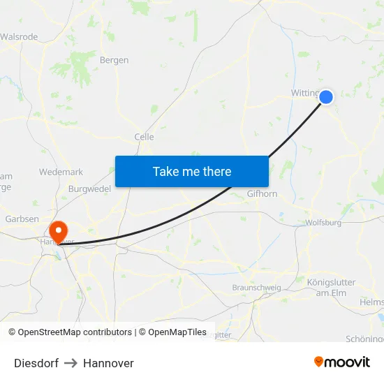 Diesdorf to Hannover map