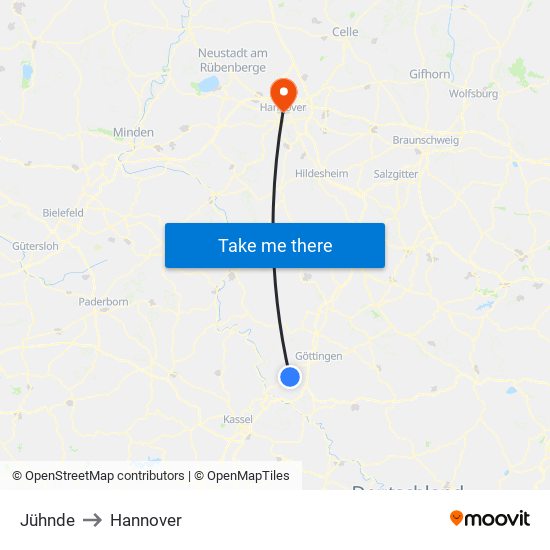 Jühnde to Hannover map