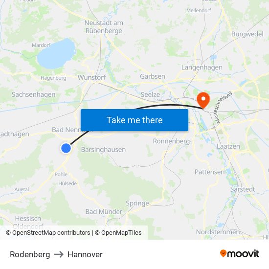 Rodenberg to Hannover map