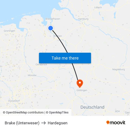 Brake (Unterweser) to Hardegsen map