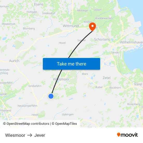 Wiesmoor to Jever map