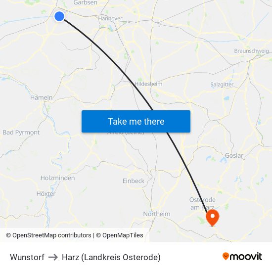 Wunstorf to Harz (Landkreis Osterode) map