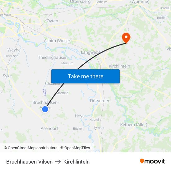 Bruchhausen-Vilsen to Kirchlinteln map