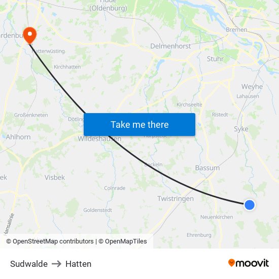 Sudwalde to Hatten map