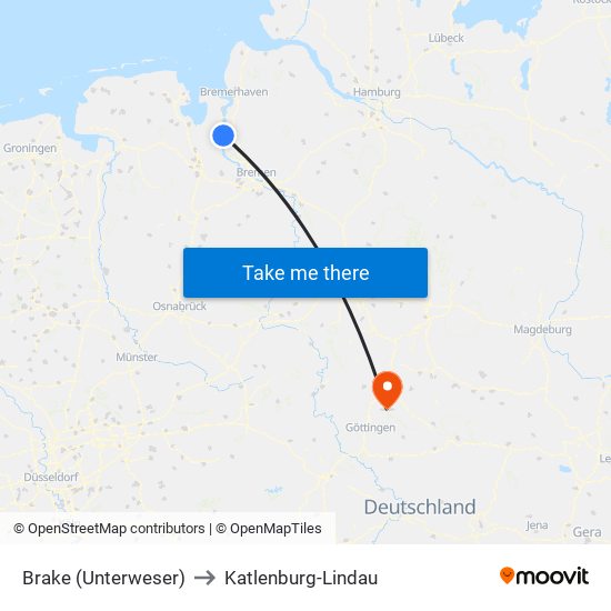 Brake (Unterweser) to Katlenburg-Lindau map