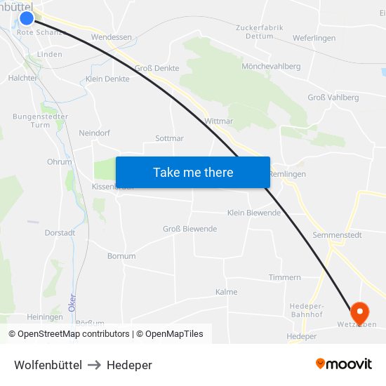 Wolfenbüttel to Hedeper map