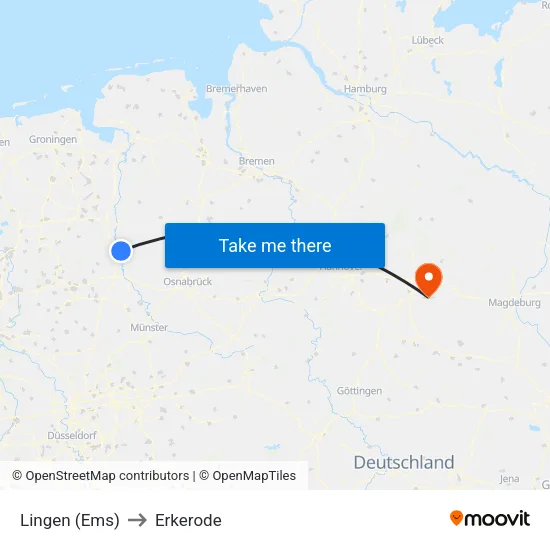 Lingen (Ems) to Erkerode map