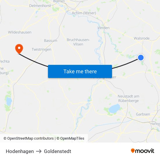 Hodenhagen to Goldenstedt map