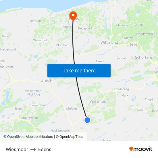 Wiesmoor to Esens map