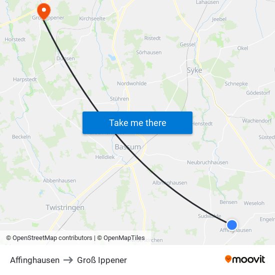 Affinghausen to Groß Ippener map