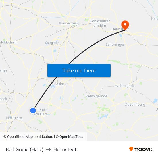 Bad Grund (Harz) to Helmstedt map