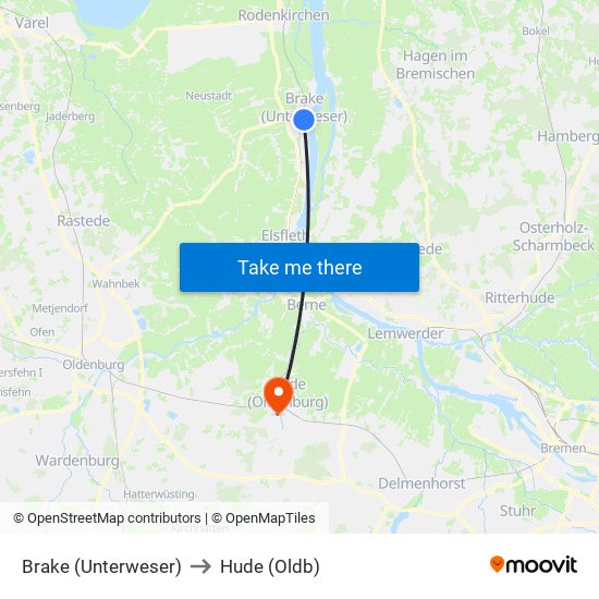 Brake (Unterweser) to Hude (Oldb) map