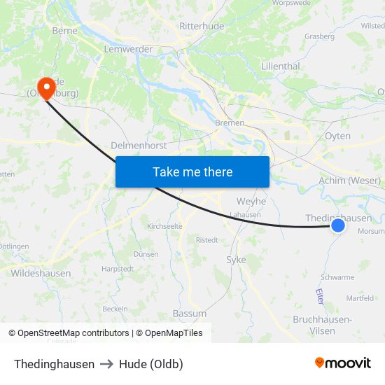 Thedinghausen to Hude (Oldb) map